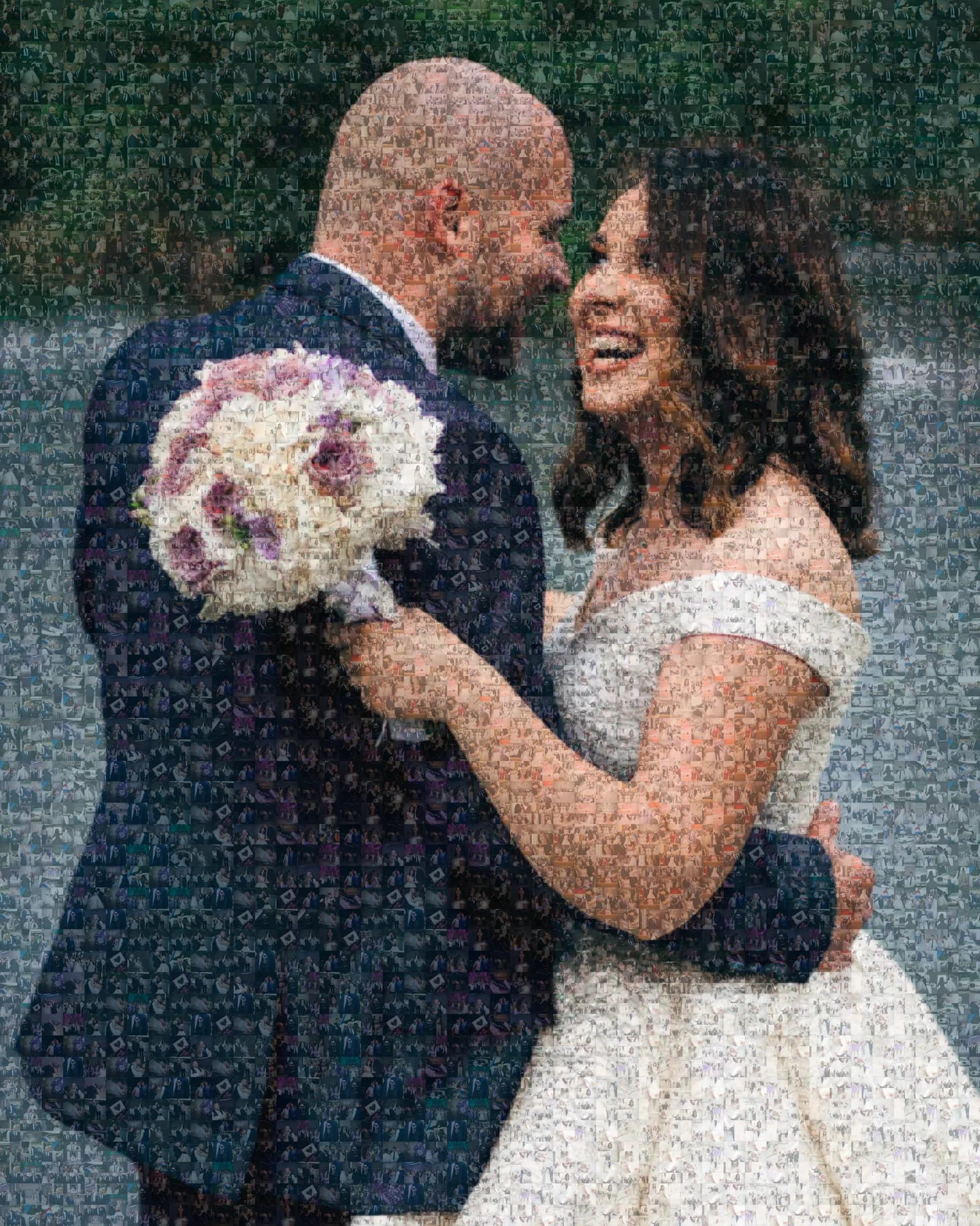 Mosaic portrait of a couple on their wedding day, built from hundreds of photos