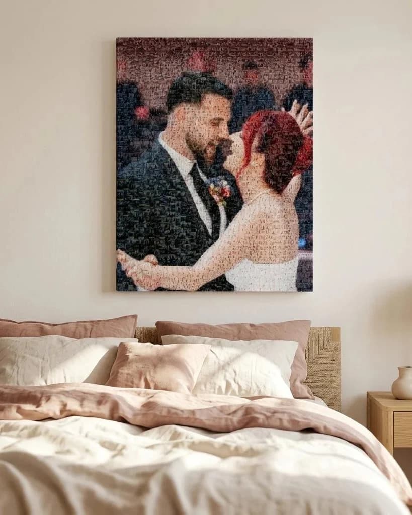 A MosaicFace canvas print of a wedding portrait, hanging on the wall above a bed