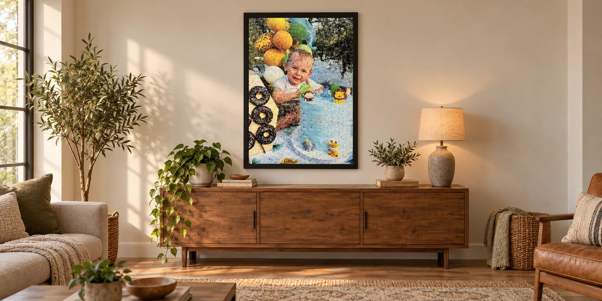 A framed MosaicFace print of a child's birthday portrait, hanging above a console in a warm living room