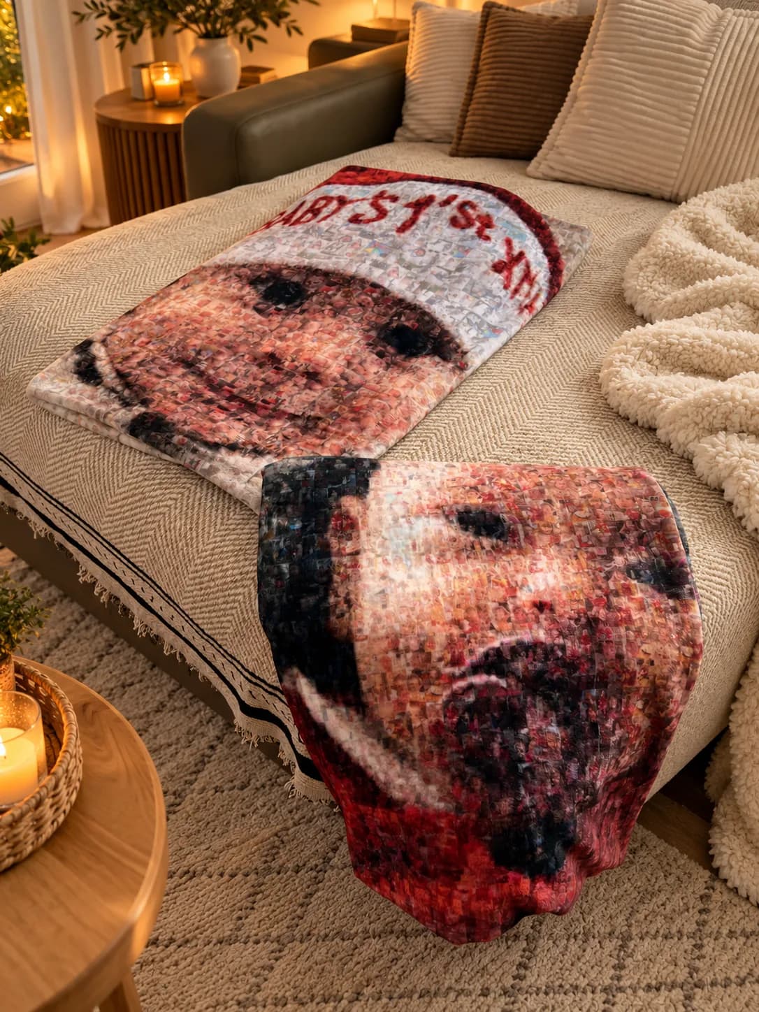 Two photo mosaic throw blankets on a sofa in a cosy living room with candles, one draped over the edge
